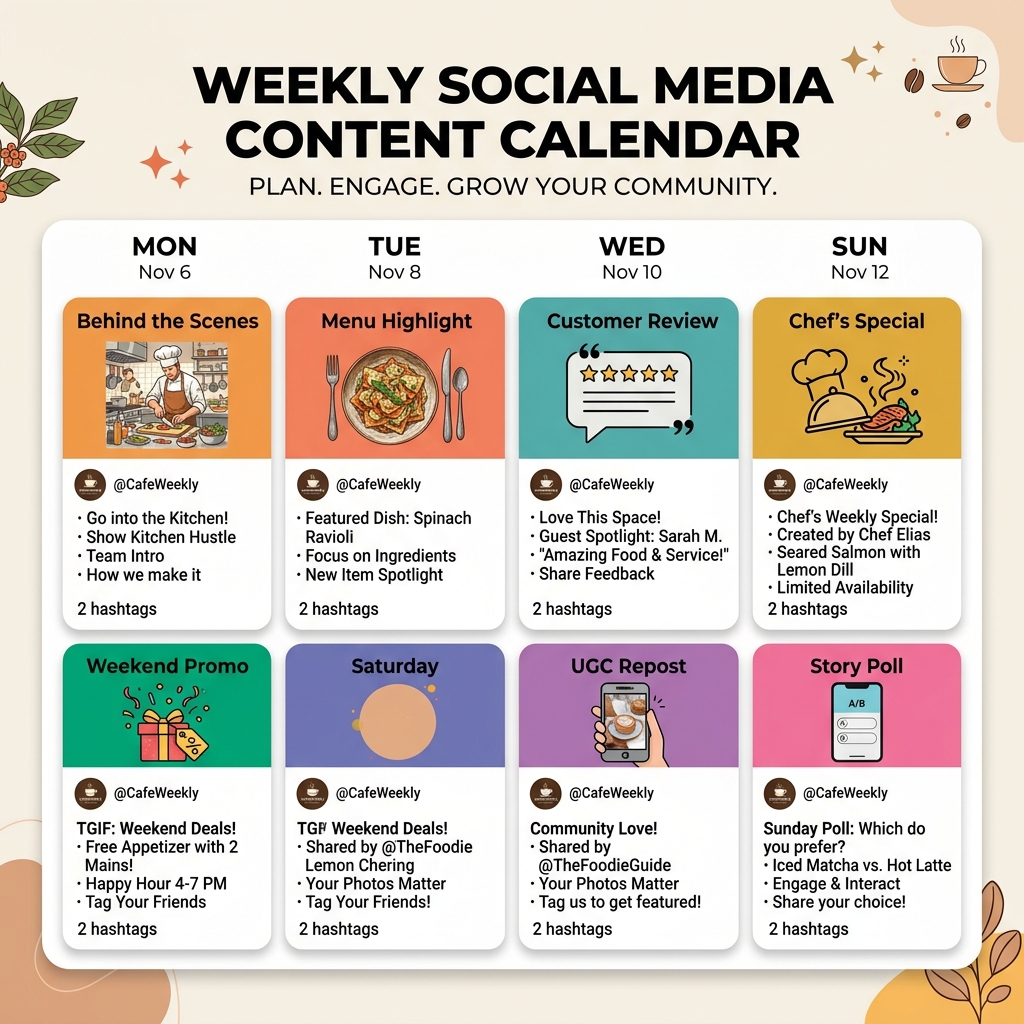 Weekly social media content calendar for restaurants