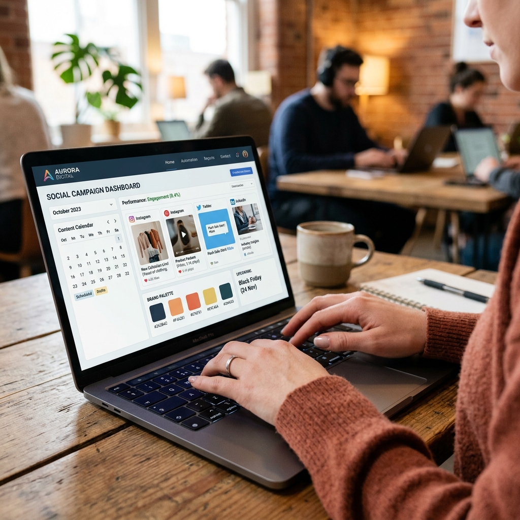 Solopreneur managing marketing automation dashboard with content calendar and brand assets
