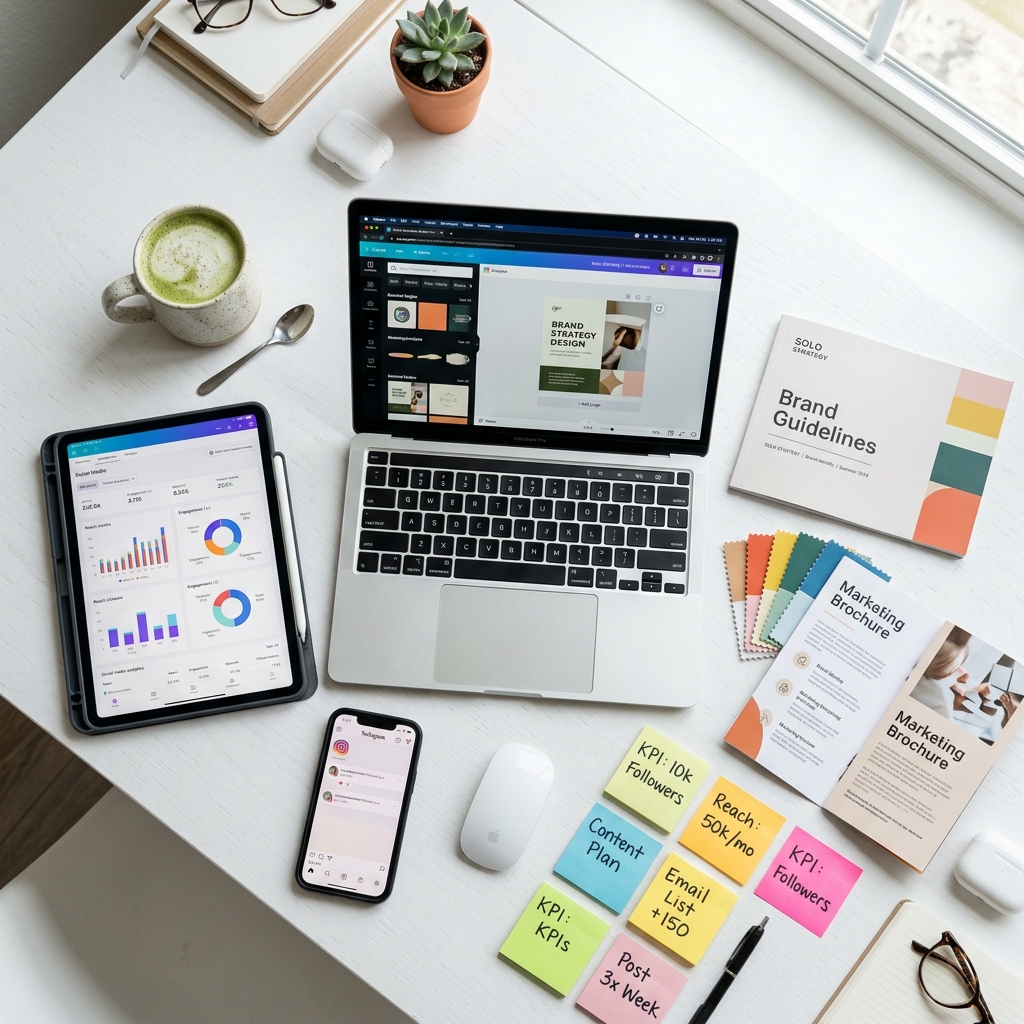 A solopreneur's workflow: analytics, design tools, brand guidelines, and KPI tracking spread across a desk